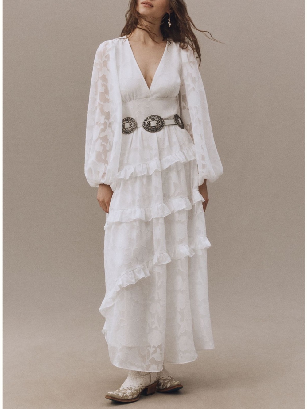 Anthropologie White Tiered V-Neck Maxi Dress